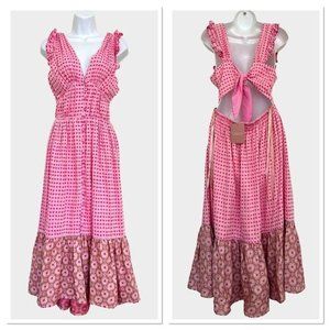 RAISSA Romantic Cottagecore Button front Midi Dress Pink Bronze Floral XS-S NWT